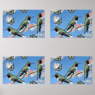 Three Hummingbirds perching on a branch Print Set