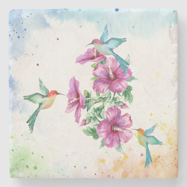 Three Hummingbirds Watercolor Stone Coaster (Front)