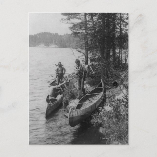 Three Hunters with Canoes at Shore Postcard (Front)