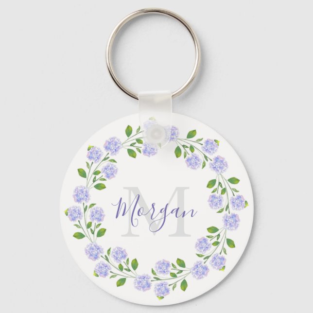 Three Hydrangeas Watercolor Floral Wreath Keychain (Front)