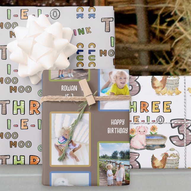 Three-i-e-i-o 3rd Birthday Photos and Farm Theme Wrapping Paper Sheets (Three-i-e-i-o nursery rhyme farm theme 3rd birthday gift wrap in 3 designs including photo collage)