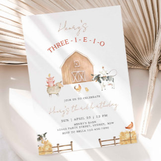Three-I-E-I-O Farm Animals 3rd Birthday Beige Barn Invitation