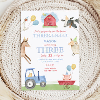 Three-I-E-I-O Farm Animals 3rd Birthday Invitation