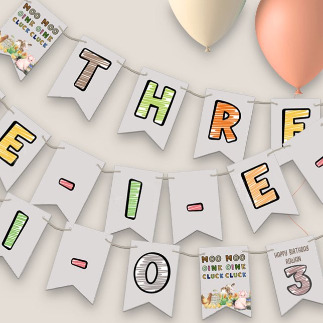 Three-i-e-i-o Farm Animals 3rd Birthday Party Bunting Flags (Three-i-e-i-o nursery rhyme farm theme 3rd birthday 
party bunting)