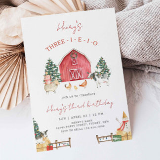 Three-I-E-I-O Farm Christmas 3rd Birthday Party Invitation