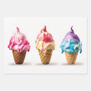 three ice cream cones with purple and blue colors, wrapping paper sheets
