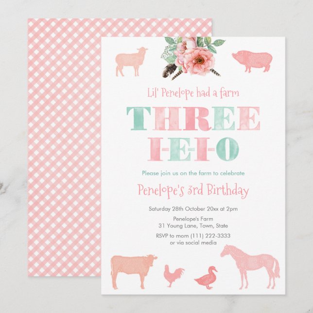 THREE-IEIO, Old MacDonald Girl 3rd Birthday Party Invitation (Front/Back)