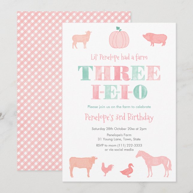 THREE-IEIO Pink Pumpkin 3rd Birthday Party Invitation (Front/Back)