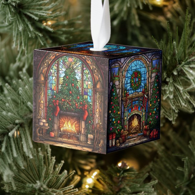 Three Image Stained Glass Christmas Cube Ornament (Tree)