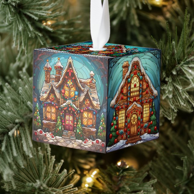 Three Image Stained Glass Christmas Cube Ornament (Tree)