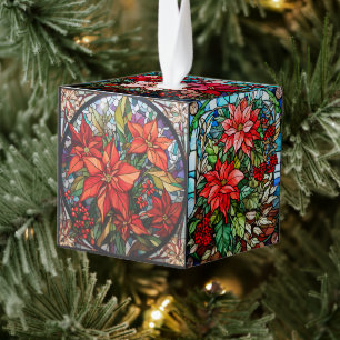 Three Image Stained Glass Christmas Cube Ornament