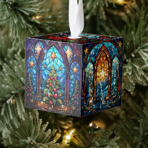 Three Image Stained Glass Christmas Cube Ornament