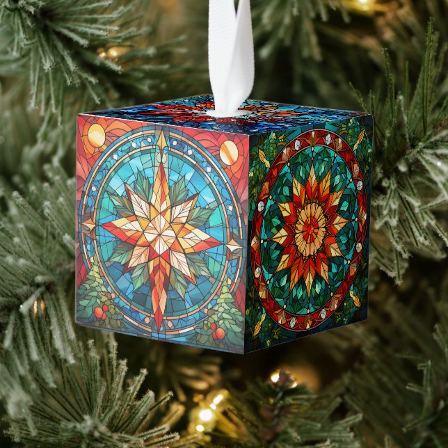 Three Image Stained Glass Christmas Cube Ornament (Tree)