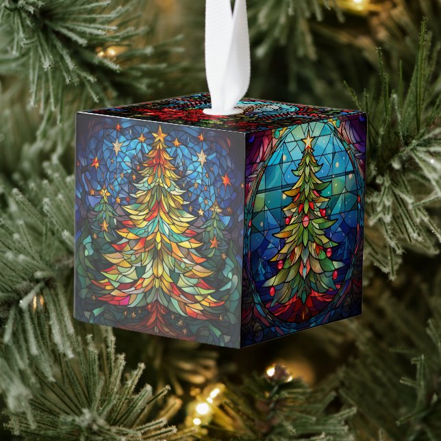 Three Image Stained Glass Christmas Cube Ornament (Tree)