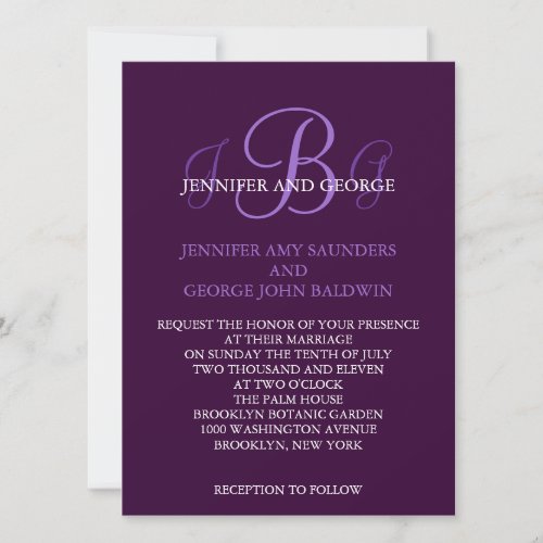 Three Initials Wedding Invitation Purple Mauve