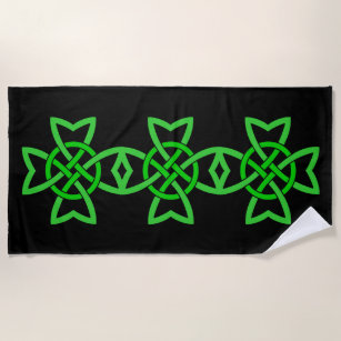 Three Intertwined Vibrant Green Celtic Knots Black Beach Towel