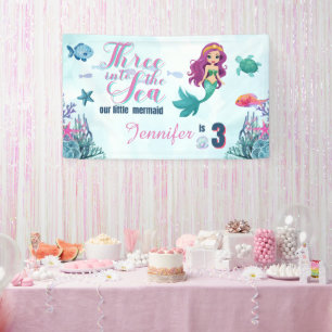 Three into the Sea Mermaid Girls 3rd birthday  Banner