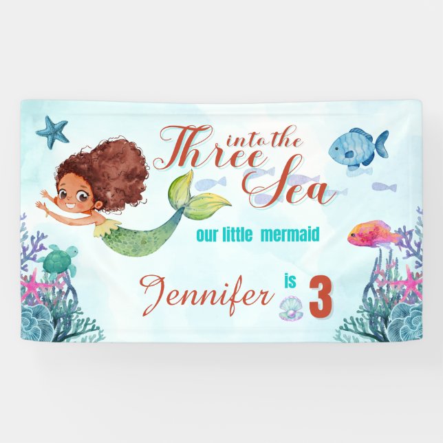 Three into the Sea Mermaid Girls 3rd birthday  Banner (Horizontal)