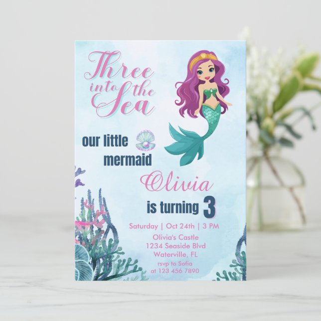 Three into the Sea Mermaid Girls 3rd birthday  Invitation (Standing Front)