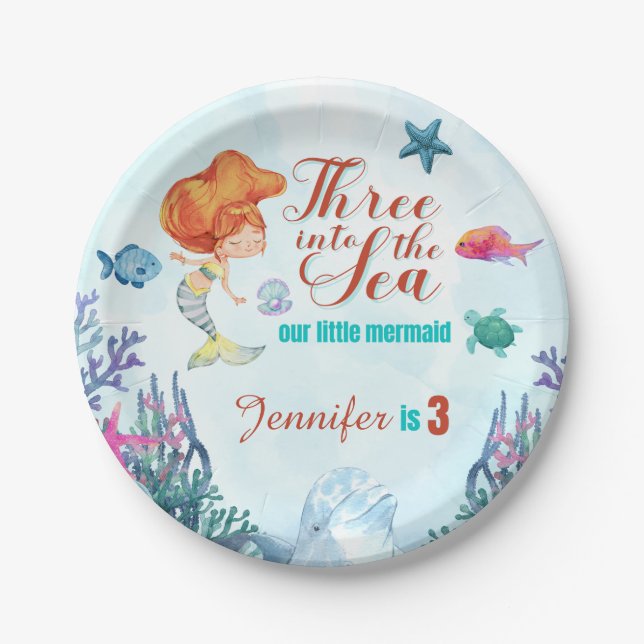 Three into the Sea Mermaid Girls 3rd birthday Paper Plates (Front)