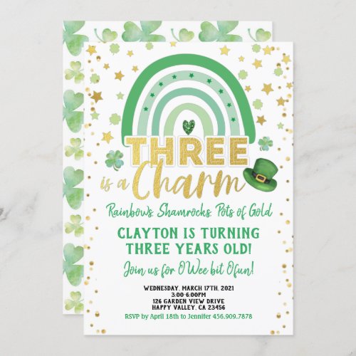 Three Is A Charm 3rd Birthday St Patricks Day Invitation