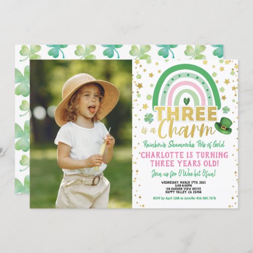 Three Is A Charm 3rd Birthday St Patricks Photo I Invitation