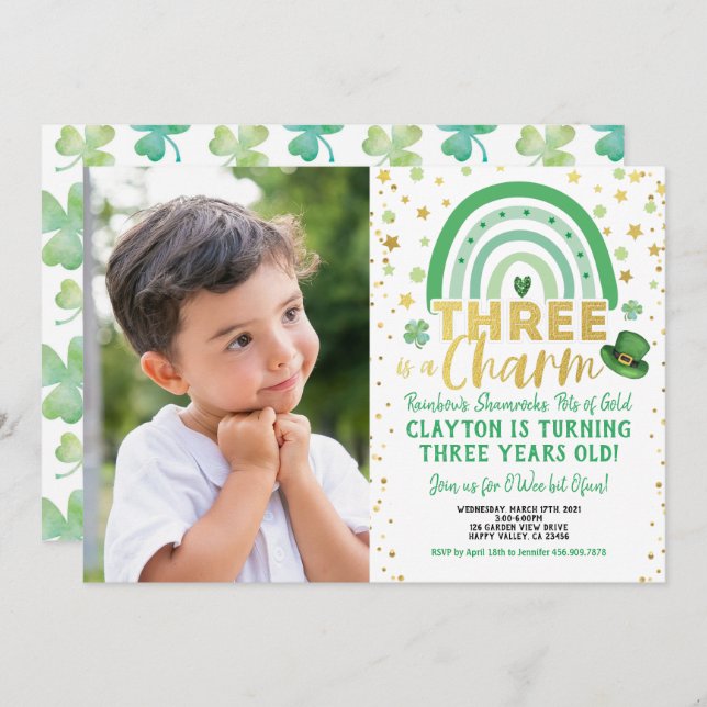 Three Is A Charm 3rd Birthday St Patrick's Photo Invitation (Front/Back)