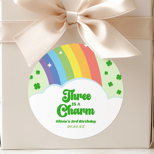 Three Is A Charm Rainbow 3rd Birthday Party Classic Round Sticker