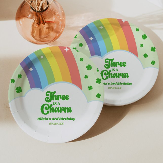Three Is A Charm Rainbow 3rd Birthday Party Paper Plates (Creator Uploaded)