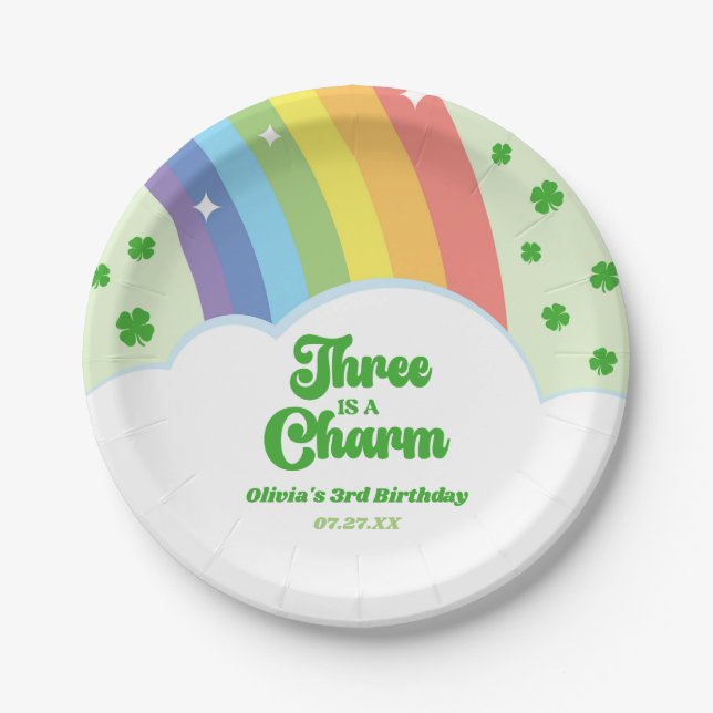 Three Is A Charm Rainbow 3rd Birthday Party Paper Plates (Front)