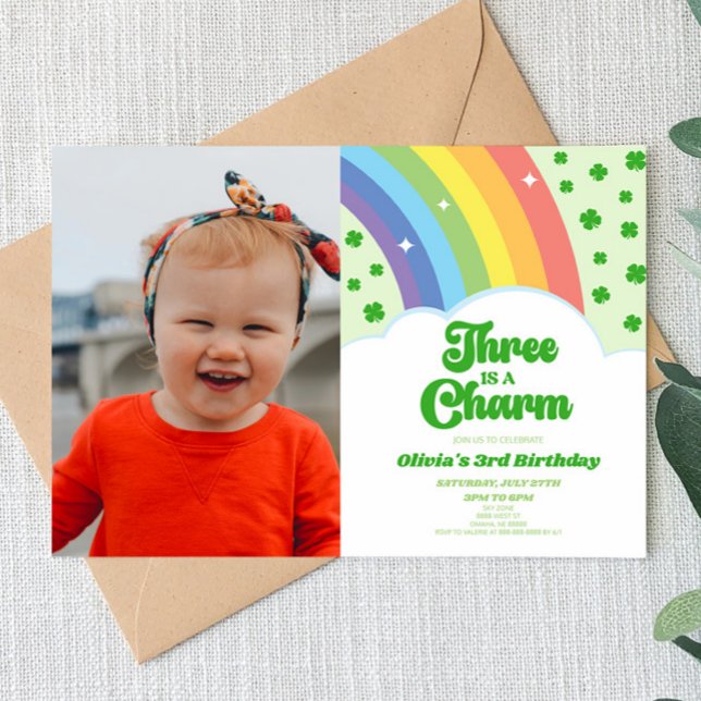 Three Is A Charm Rainbow Clover 3rd Birthday Party Invitation (Creator Uploaded)