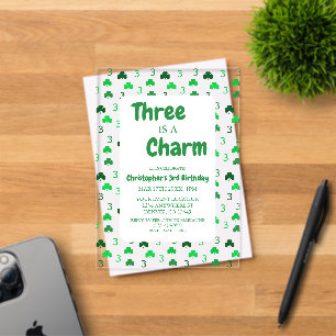 Three Is A Charm St Patrick's Day 3rd Birthday Acrylic Invitations