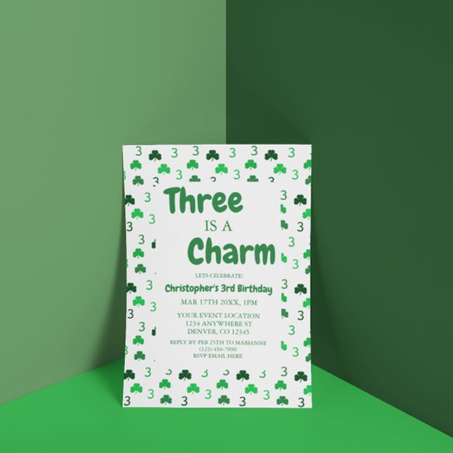 Three Is A Charm St Patrick's Day 3rd Birthday Invitation (Creator Uploaded)