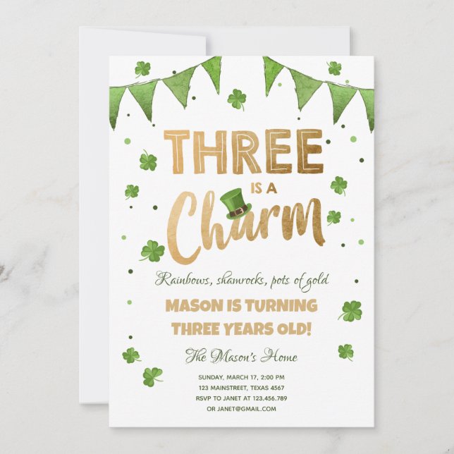 Three is a Charm St. Patrick's Day Boy Birthday Invitation (Front)