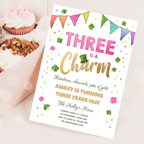 Three is a Charm St Patricks Day Girl Birthday Invitation