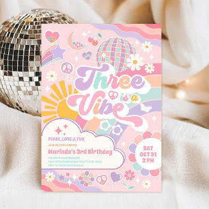 Three Is A Vibe Cloud Rainbow Sun 3rd Birthday Invitation