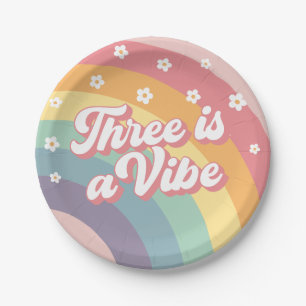 Three is a Vibe Retro 70s Rainbow Daisy Birthday  Paper Plates