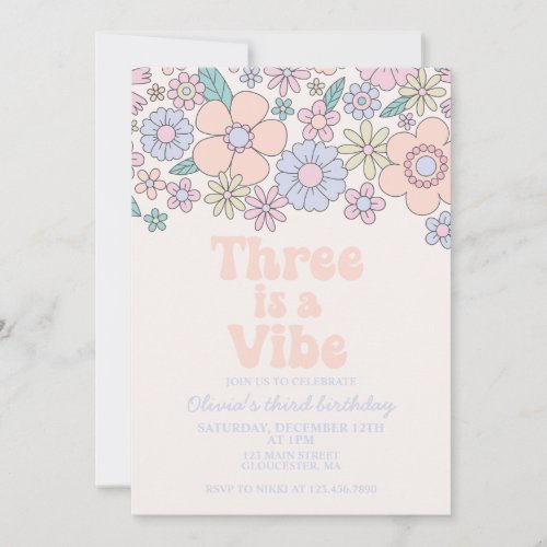 Three is a Vibe Retro Floral 3rd birthday Invitation