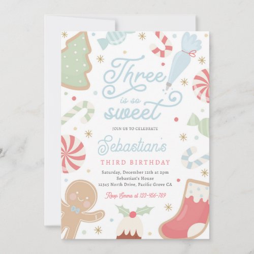 Three Is So Sweet Christmas Cookie 3rd Birthday Invitation