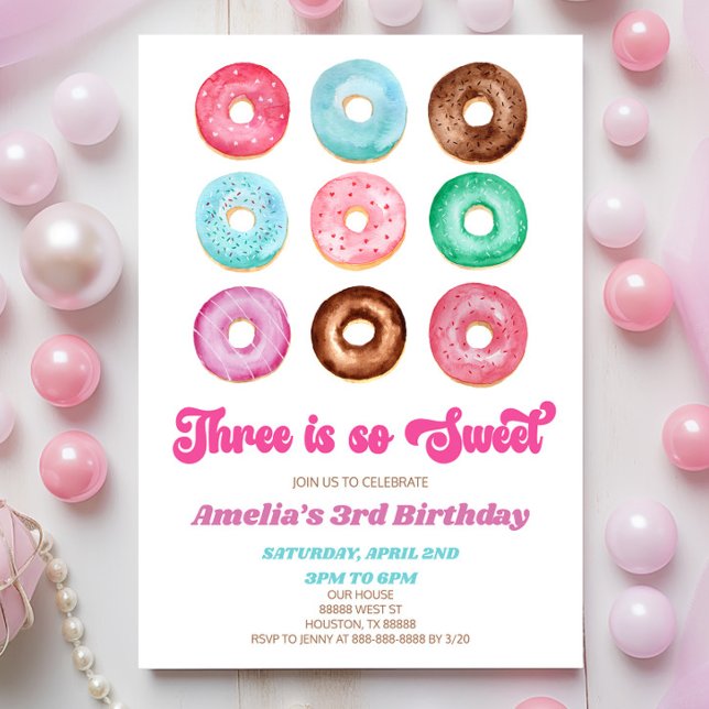 Three Is So Sweet Donut 3rd Birthday Party Invitation (Creator Uploaded)