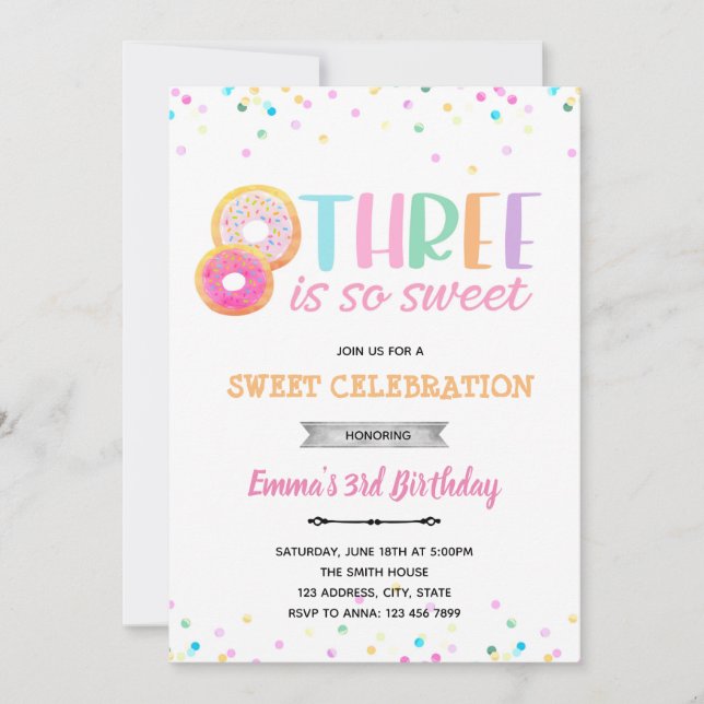 Three is so sweet donut invitation (Front)