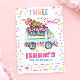 Three Is So Sweet Girls Ice Cream 3rd Birthday Invitation