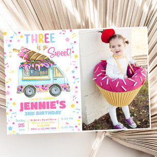 Three Is So Sweet Girls Ice Cream 3rd Birthday Invitation