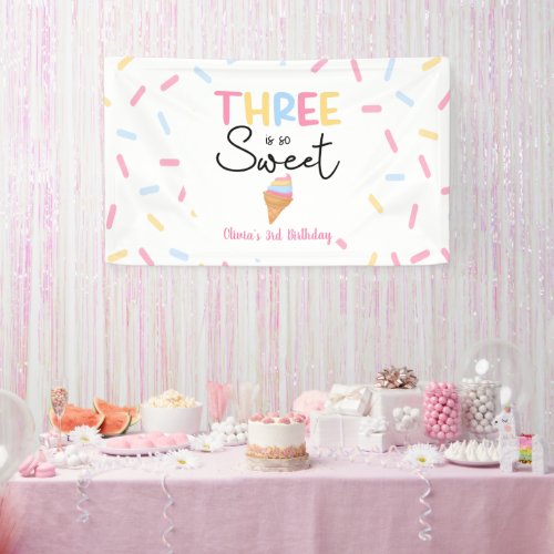 Three Is So Sweet Ice Cream 3rd Birthday Party Banner