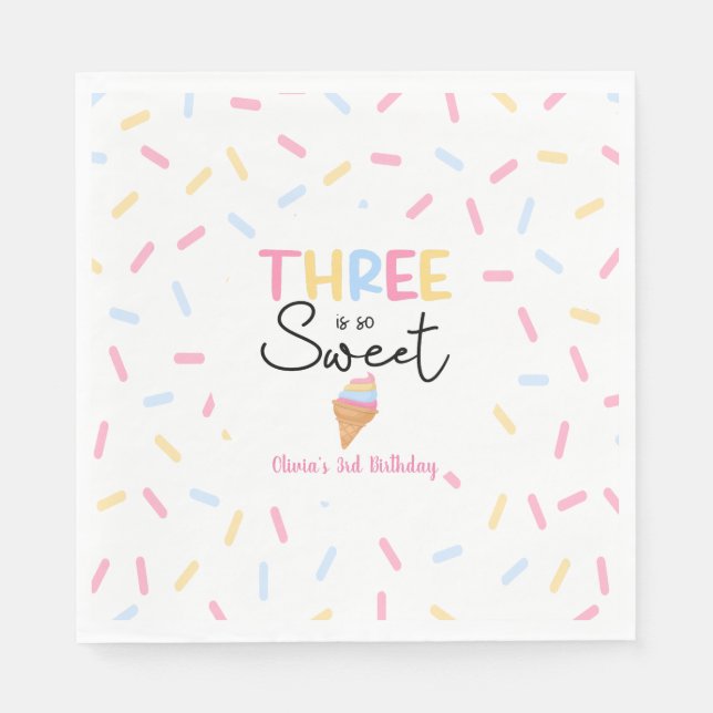 Three Is So Sweet Ice Cream 3rd Birthday Party Napkins (Front)
