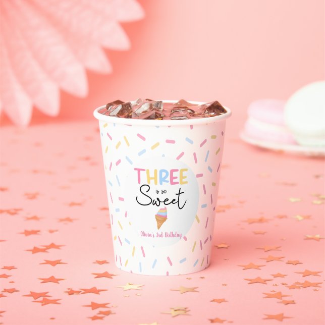 Three Is So Sweet Ice Cream 3rd Birthday Party Paper Cups (Insitu)