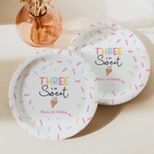 Three Is So Sweet Ice Cream 3rd Birthday Party Paper Plates