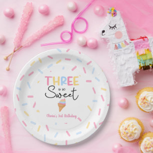 Three Is So Sweet Ice Cream 3rd Birthday Party Paper Plates
