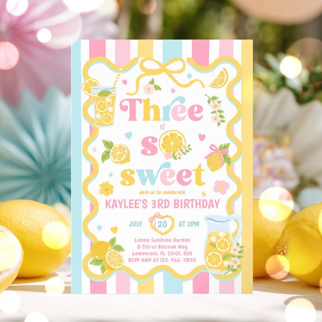 Three Is So Sweet Lemon Summer 3rd Birthday Party Invitation (Creator Uploaded)