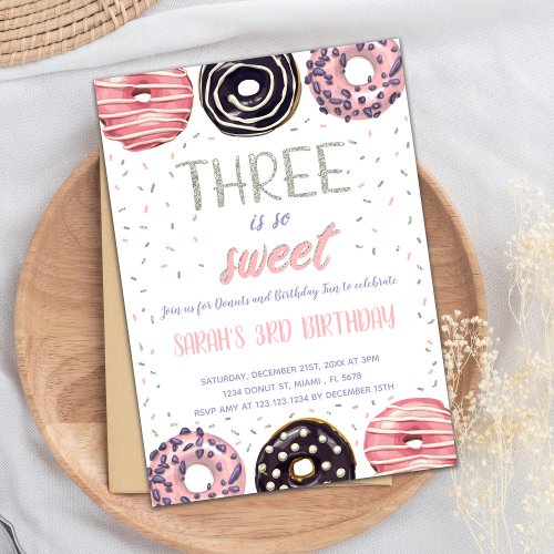 Three is Sweet Donut Birthday Invitations